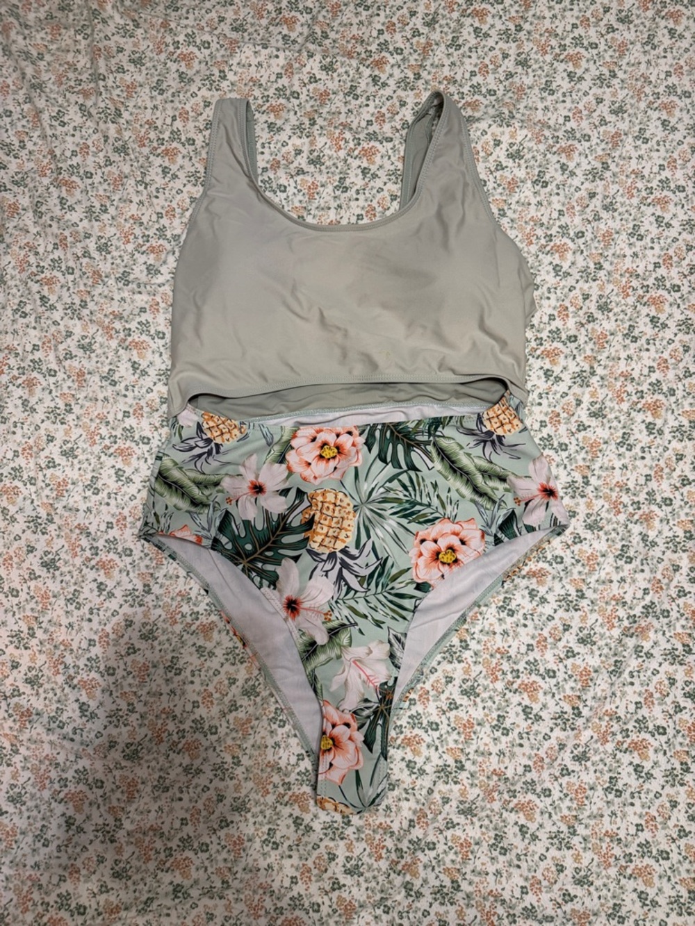 SHEIN Sage Green Floral Pineapple One-Piece Swimsuit